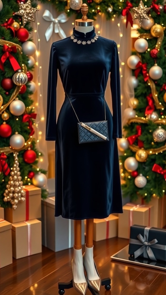 Navy Blue Christmas Outfit Ideas A chic navy blue velvet dress with silver accessories displayed for a Christmas outfit.